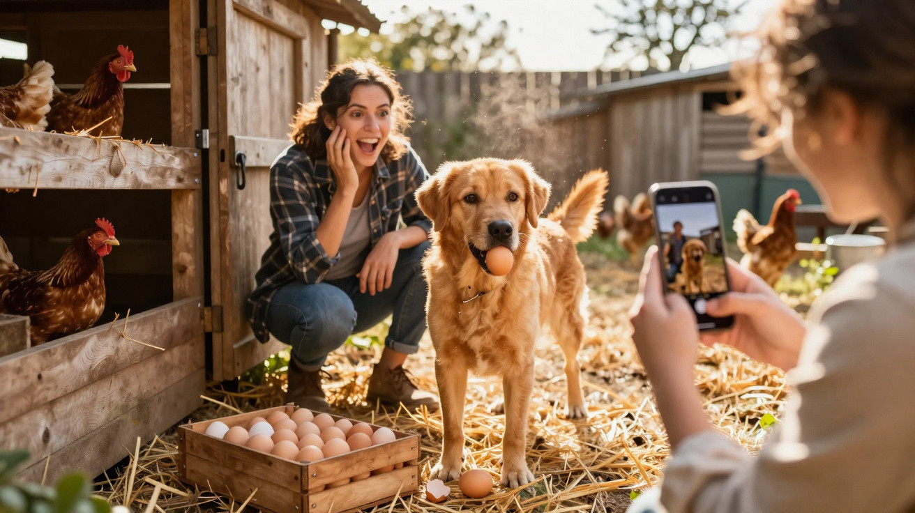 Homem sorri ao lado de cão com ovo na boca, mulher tira foto num galinheiro com galinhas ao fundo.