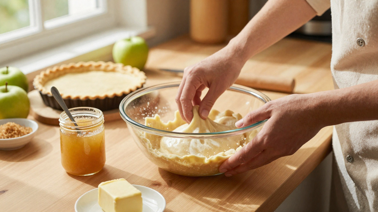 Pessoa a moldar massa numa taça de vidro numa cozinha com ingredientes para tarte de maçã.