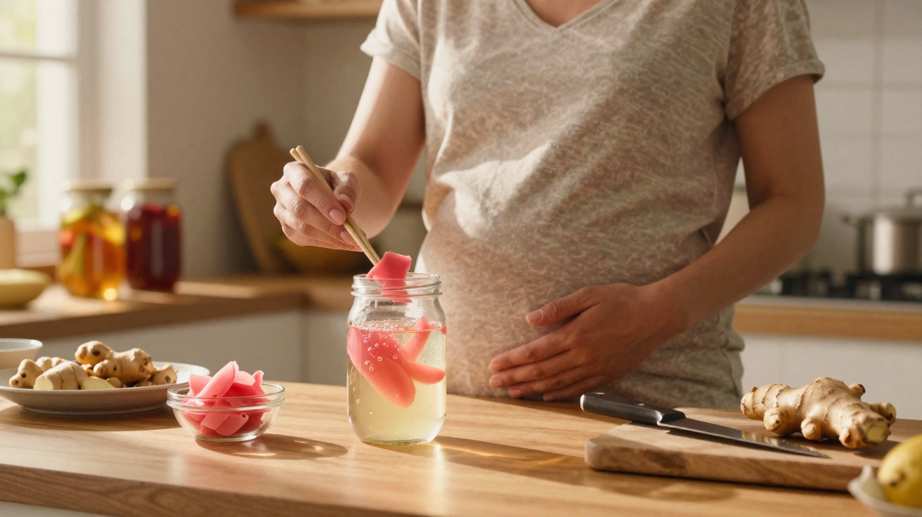 Pessoa grávida a colocar fatias de nabo rosa em frasco com líquido numa cozinha.
