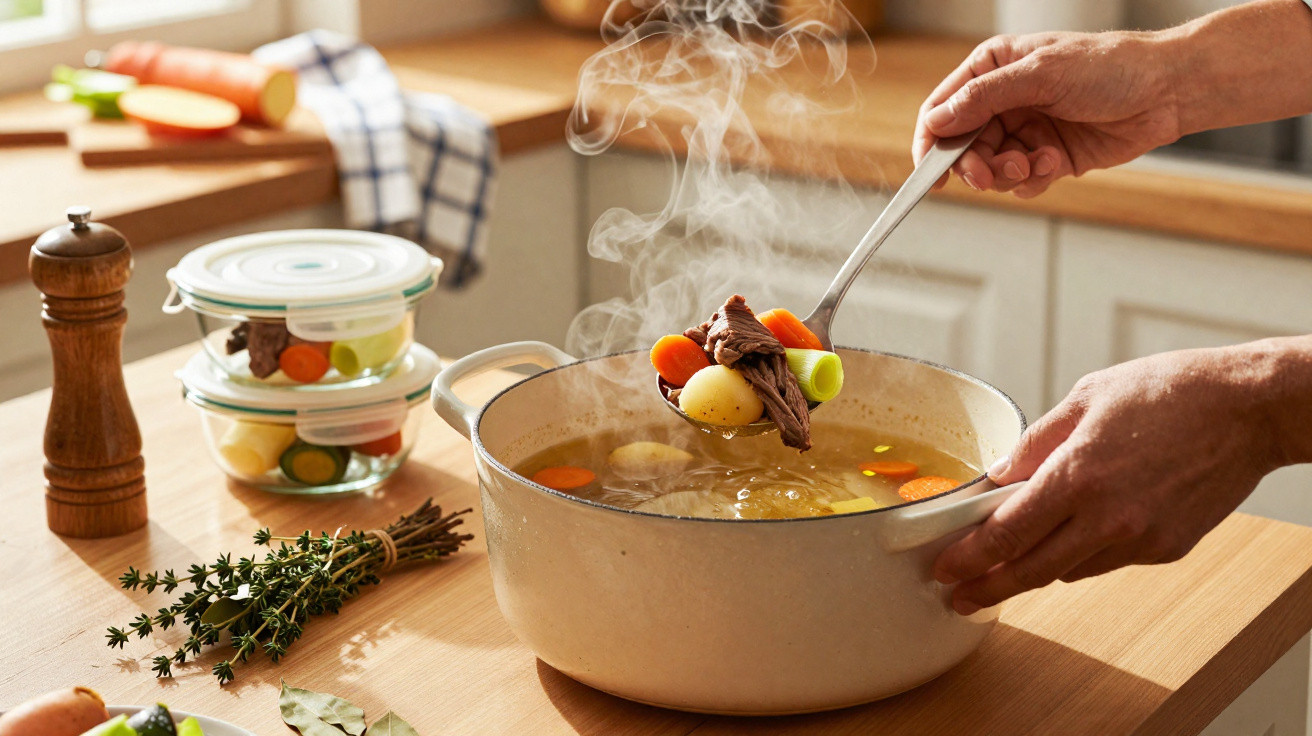 Pessoa a servir sopa quente com carne, cenoura e batata de uma panela branca numa cozinha moderna.