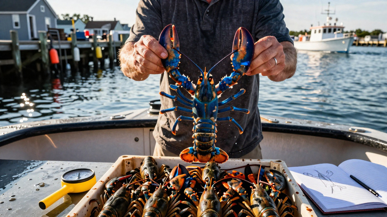 Homem segura uma lagosta azul num barco, com mais lagostas numa caixa e barcos ao fundo no porto.