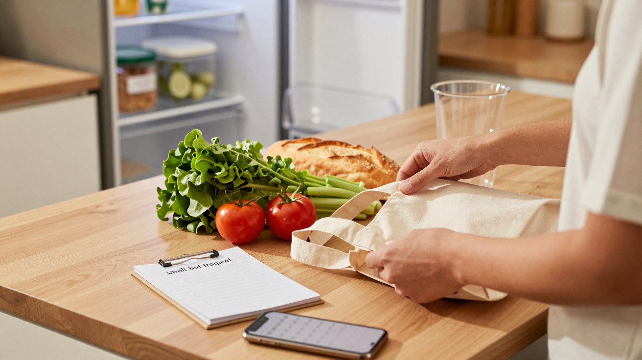 Pessoa a guardar pão e legumes frescos numa cozinha com lista de compras e telemóvel na bancada.