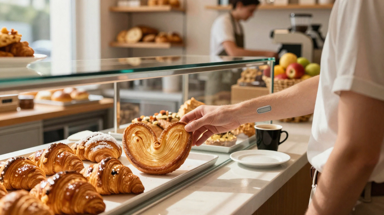 Pessoa a escolher pastelaria numa vitrine de padaria com várias croissants e um café.