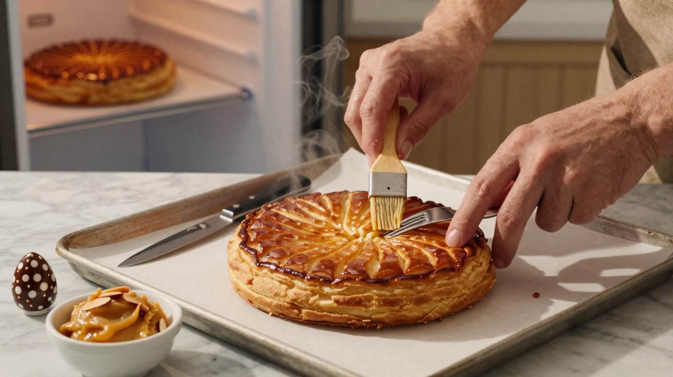 Pessoa pincelando cobertura brilhante numa tarte folhada acabada de sair do forno, com outra tarte e sobremesa ao lado.