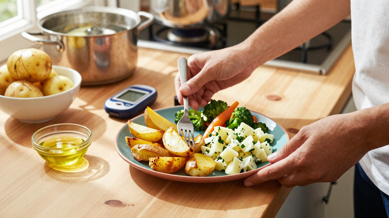 Prato com batatas assadas, legumes cozidos e salada, mãos a segurar o prato na cozinha.