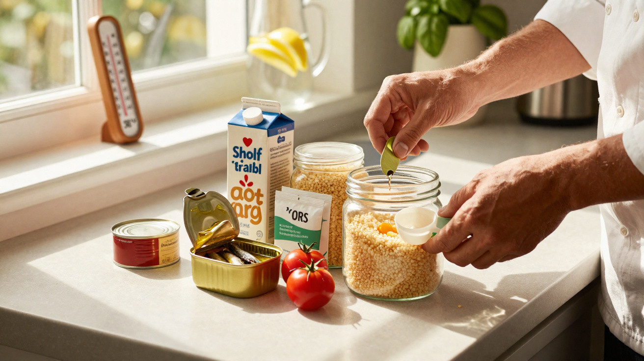 Mãos a organizar vários alimentos enlatados, leite e ingredientes numa bolsa reutilizável na cozinha.