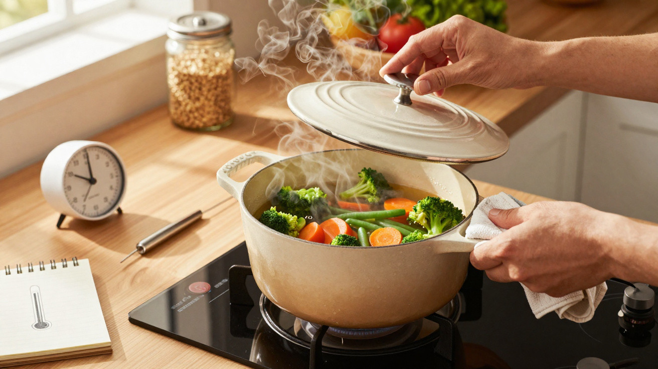 Mãos a retirar a tampa de panela com legumes a cozinhar, incluindo brócolos e cenouras, em fogão vitrocerâmico.