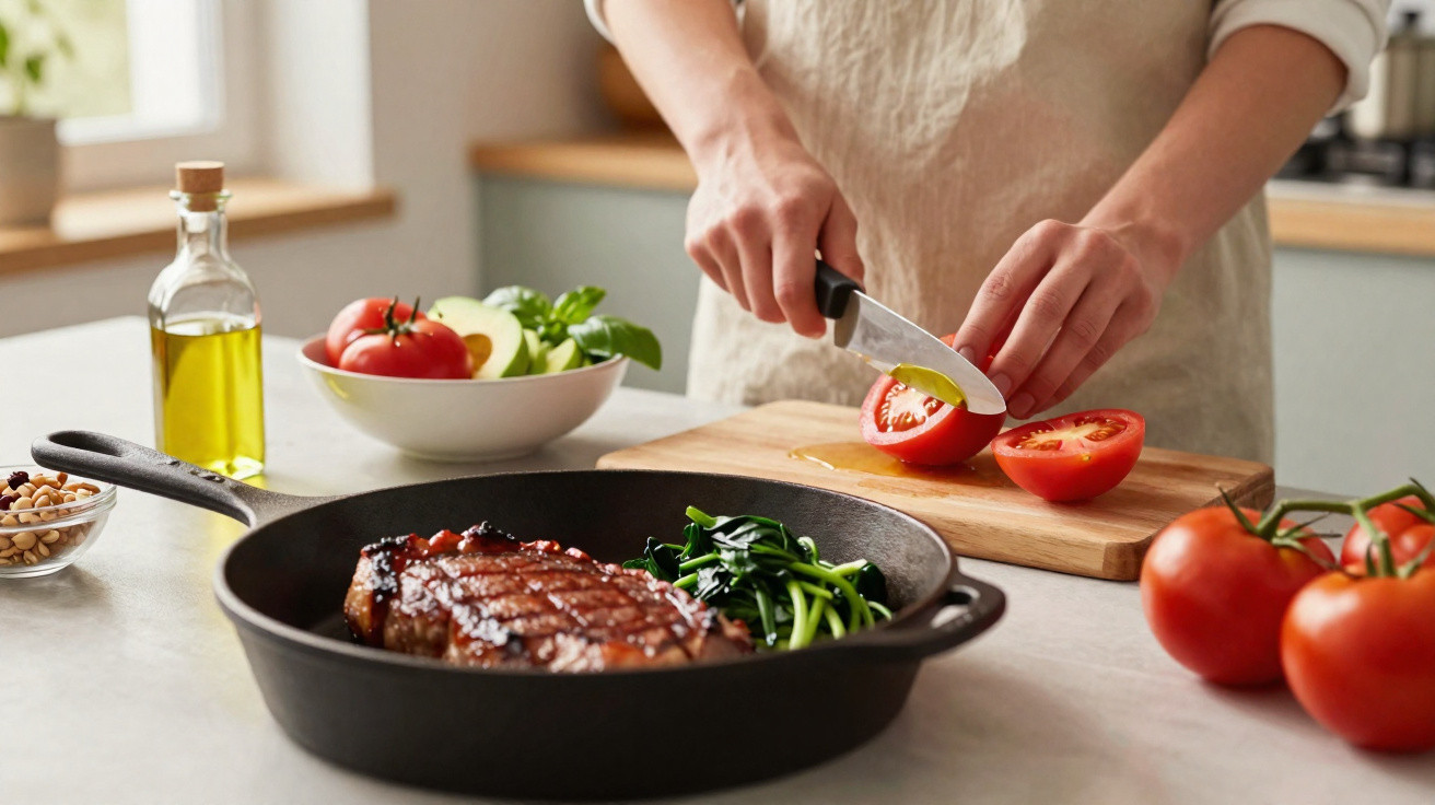 Pessoa a cortar tomate numa tábua, com bife grelhado e legumes numa frigideira numa cozinha moderna.