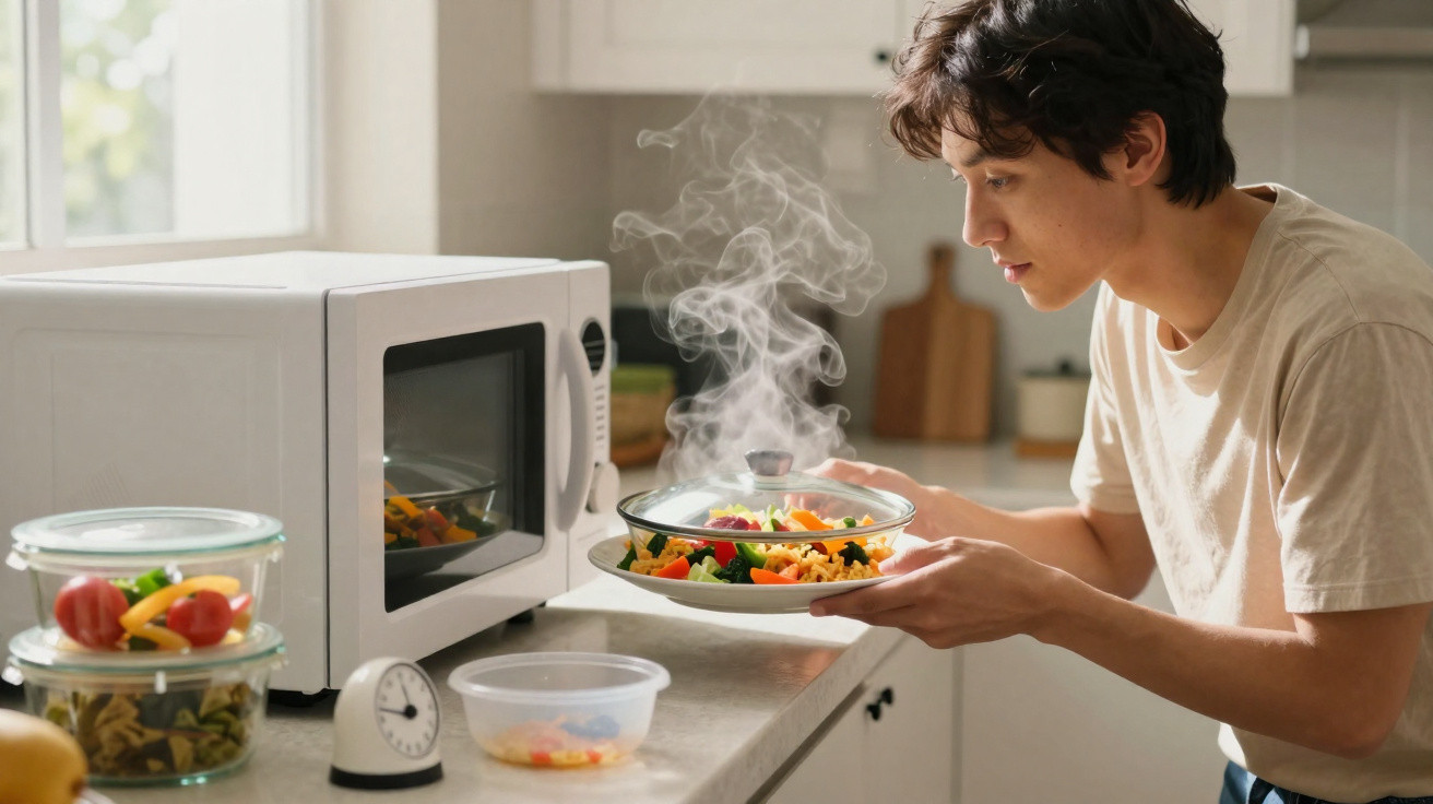 Jovem a retirar prato quente de comida do micro-ondas na cozinha iluminada por luz natural.