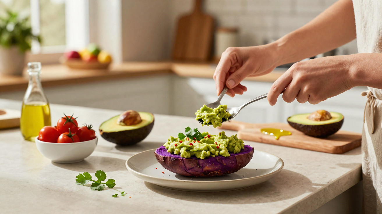 Mão a colocar guacamole numa batata-doce roxa assada, com tomate e abacate ao fundo na cozinha.