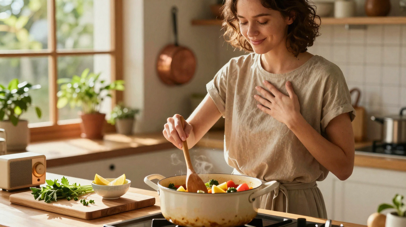 Mulher a cozinhar legumes numa panela em cozinha luminosa e acolhedora, sorrindo satisfeita.