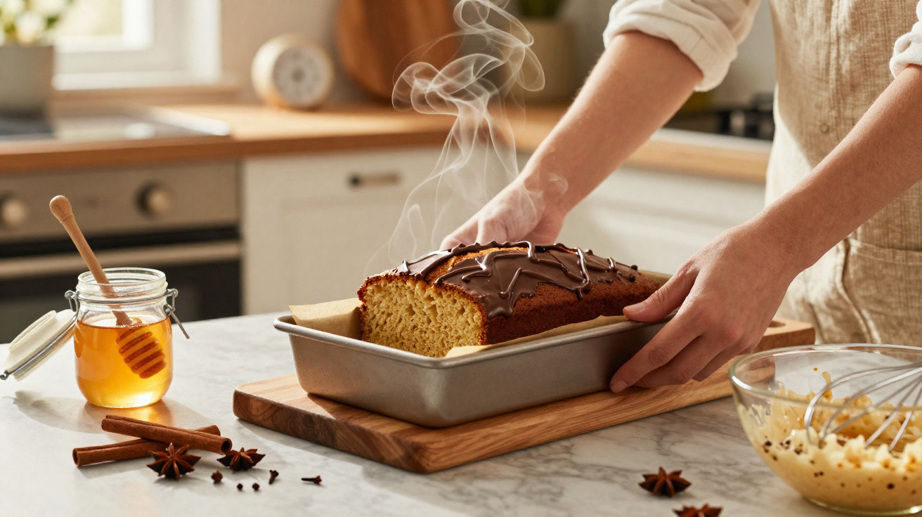 Pessoa a retirar bolo quente com cobertura de chocolate de forma na cozinha moderna.