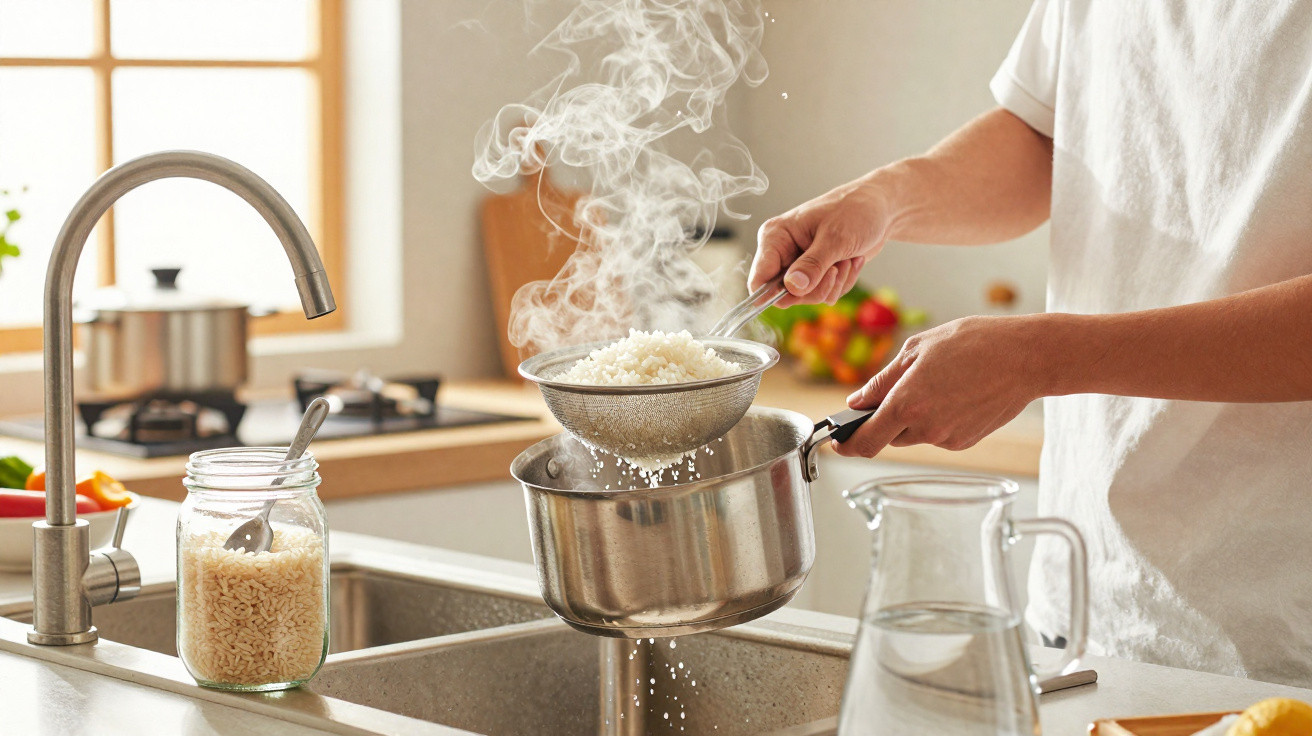 Pessoa a coar arroz quente num tacho sobre a pia de cozinha com jarro de água e frasco de arroz.