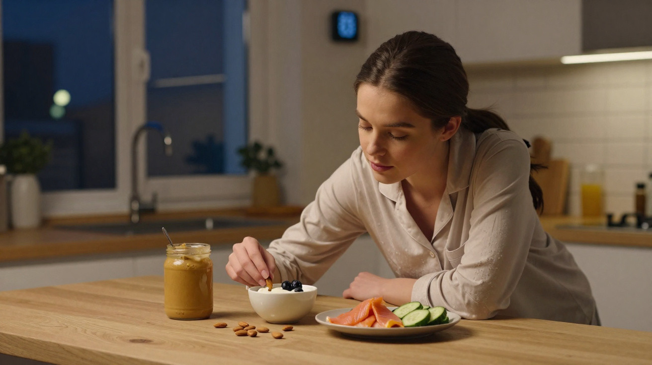 Mulher a preparar iogurte com frutos vermelhos e salmão fumado numa cozinha moderna ao anoitecer.