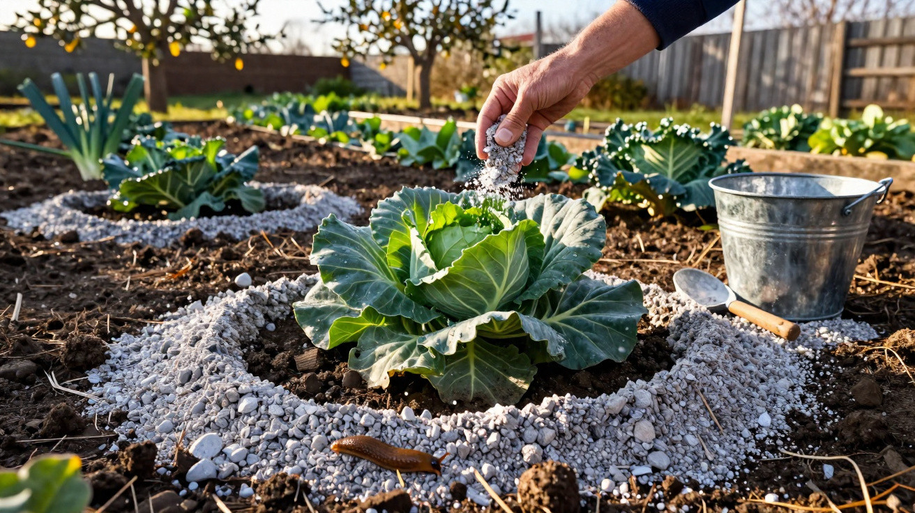 Mão a espalhar pellets brancos em planta de couve num jardim, com balde metálico e enxada ao lado.