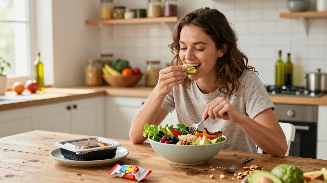 Mulher sorridente a comer uma salada saudável com abacate, legumes e frutas numa cozinha moderna.