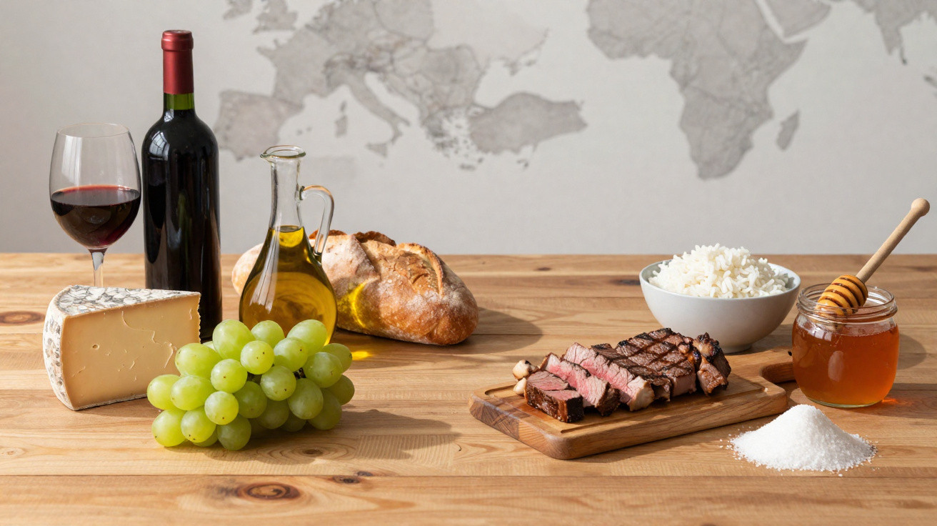 Mesa de madeira com queijo, uvas, pão, vinho, azeite, carne, arroz, mel e açúcar perante mapa antigo.