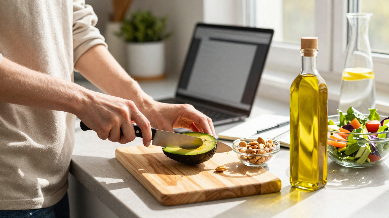 Pessoa a cortar abacate numa tábua de madeira com laptop e ingredientes saudáveis numa cozinha iluminada.