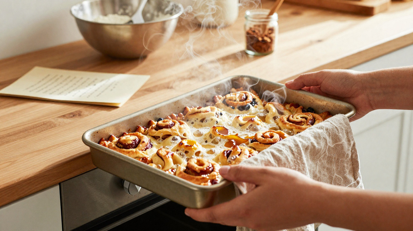 Pessoas a retirar tabuleiro com doces quentes e fumegantes do forno na cozinha.