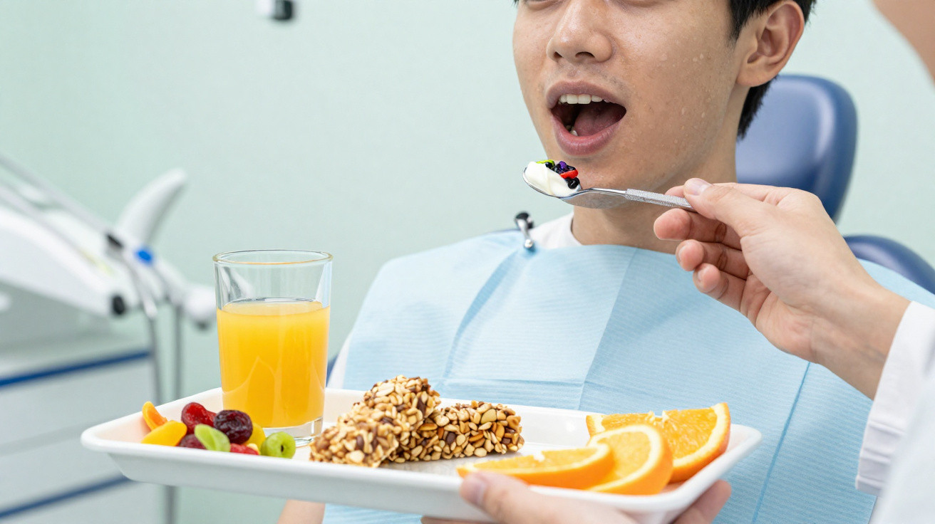 Paciente jovem na consulta dentária a experimentar alimentos coloridos com dentista.