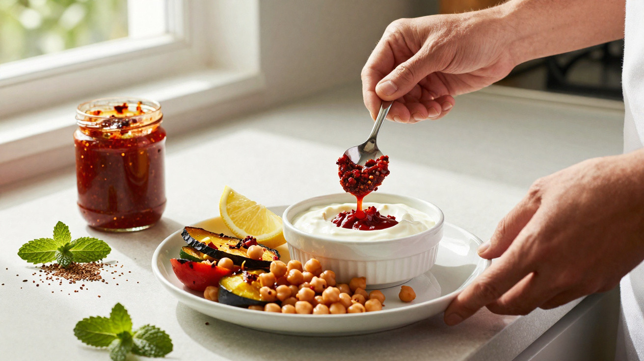 Pessoa a colocar um molho vermelho em iogurte, com grão, fatia de limão e legumes grelhados num prato branco.