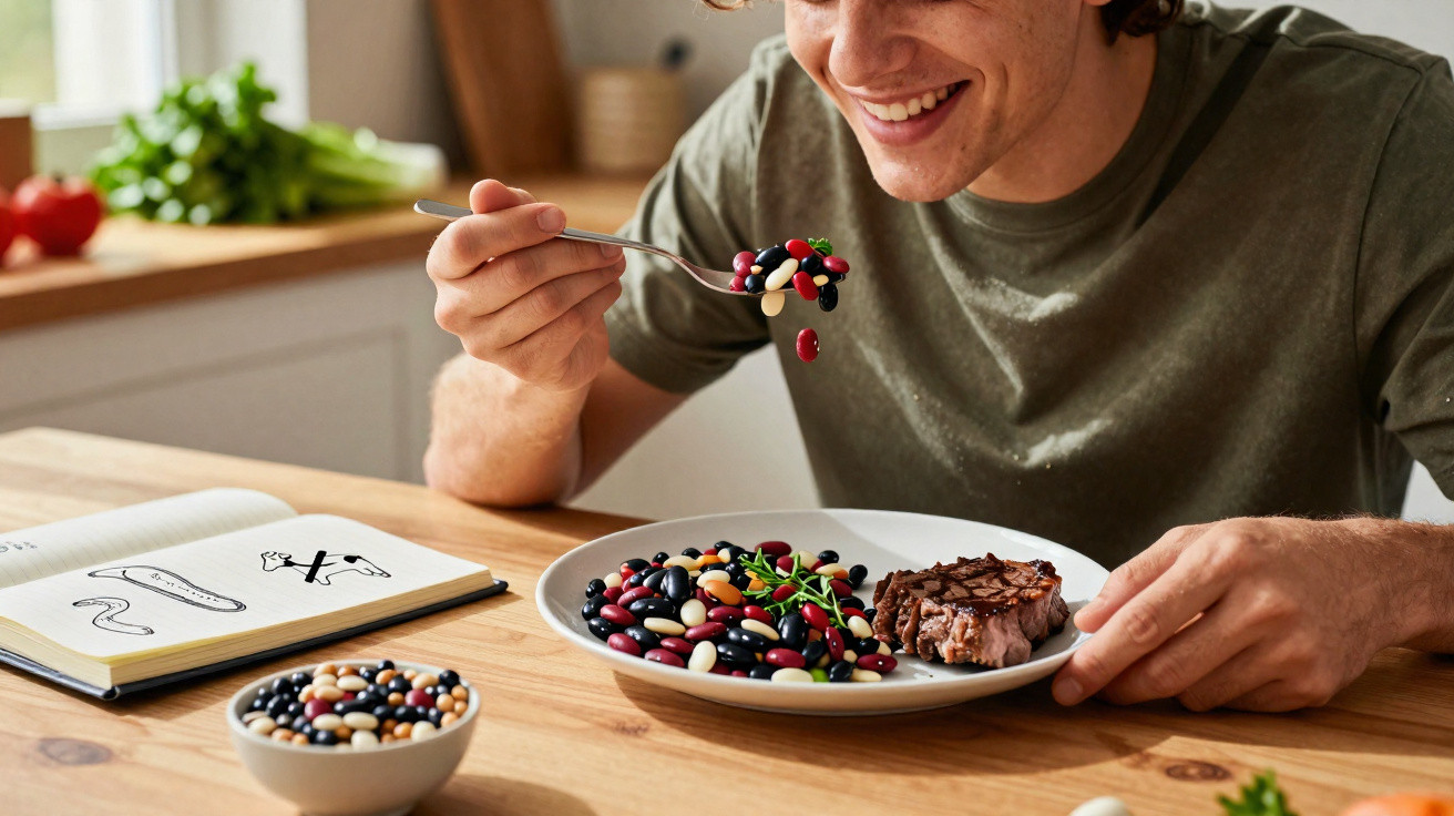 Pessoa sorridente a comer feijão colorido e bife numa cozinha acolhedora com livro aberto na mesa.