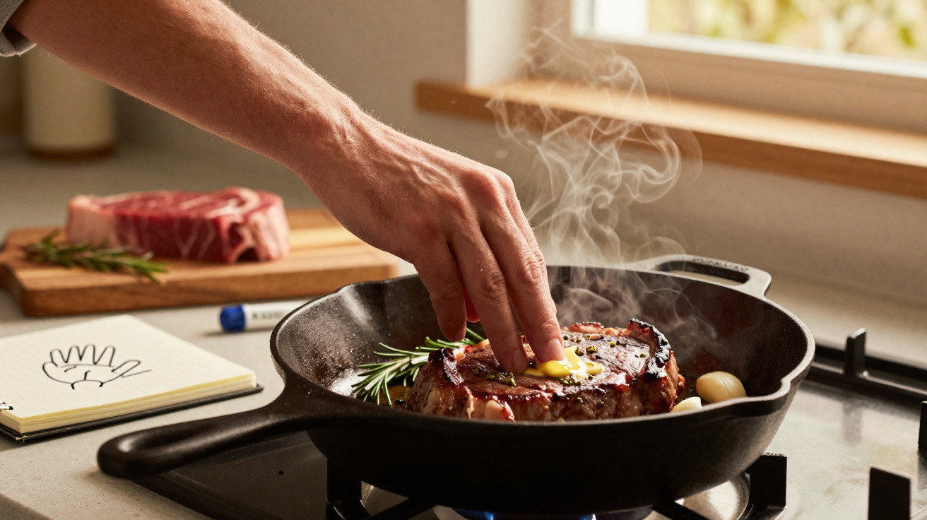 Pessoa a temperar bife a cozinhar numa frigideira de ferro fundido com alho e ervas aromáticas.