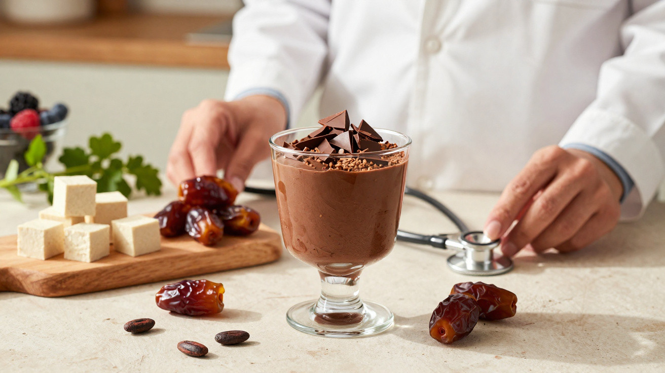 Taça de mousse de chocolate com tâmaras e pedaços de chocolate, em bancada com unhas de tofu e frutas, médico ao fundo.