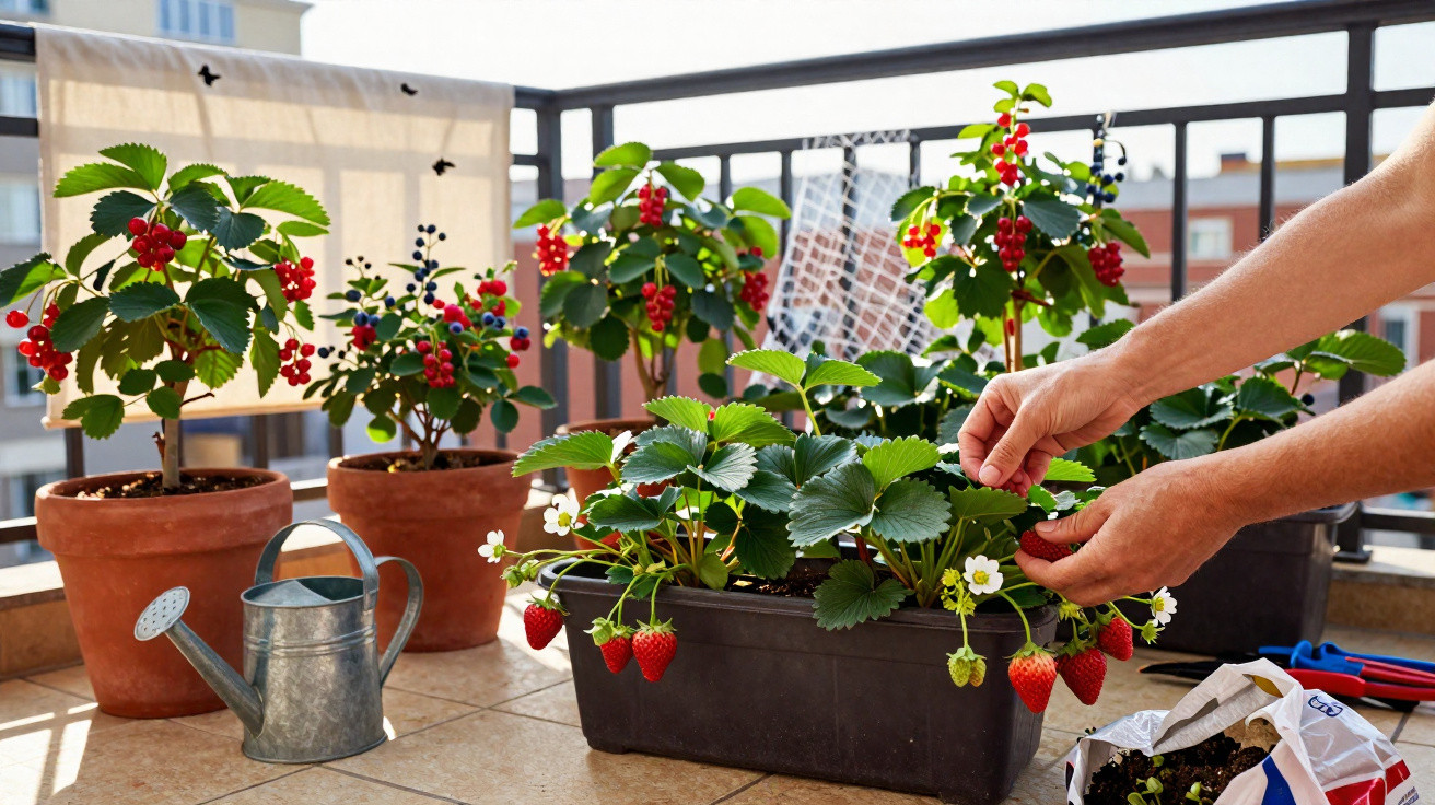 Pessoa a colher morangos maduros num vaso numa varanda com outras plantas e utensílios de jardinagem.