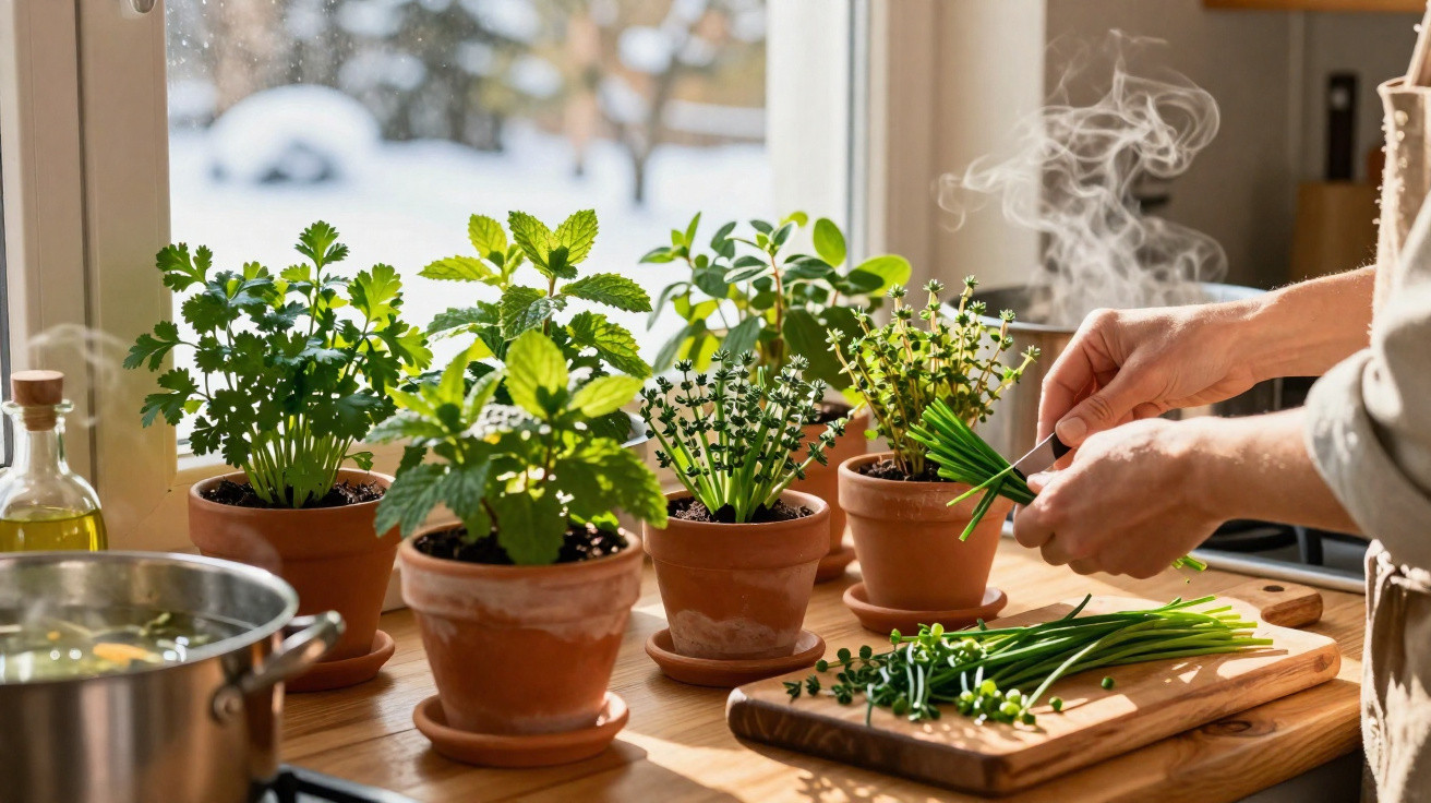 Mãos a cortar ervas frescas num máximo de vasos em terraço junto à janela com luz natural.