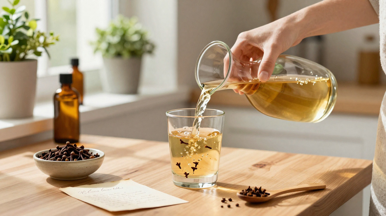 Pessoa a servir chá numa jarra para um copo numa cozinha moderna com cravinho à volta.