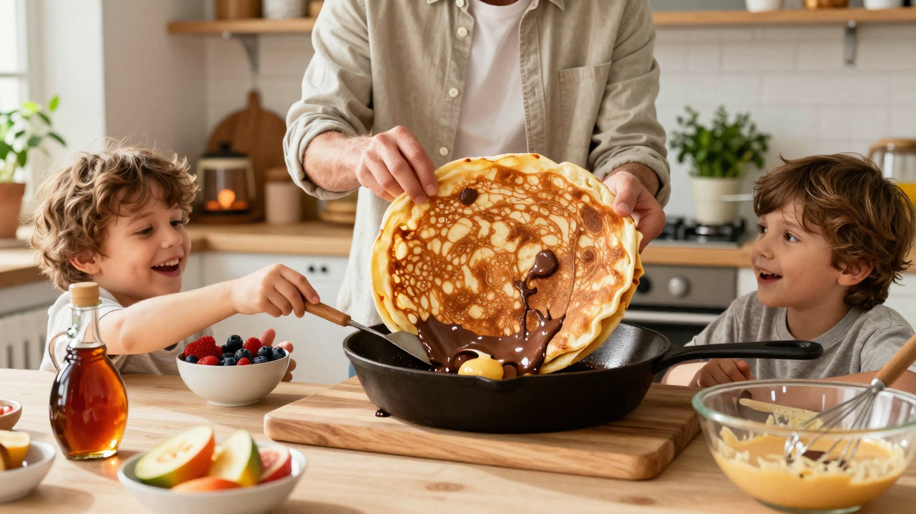 Crianças felizes a observar uma panqueca grande com chocolate a ser feita numa cozinha moderna.