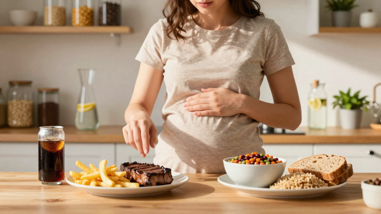 Mulher grávida na cozinha a escolher entre comida saudável e fast food sobre a mesa.