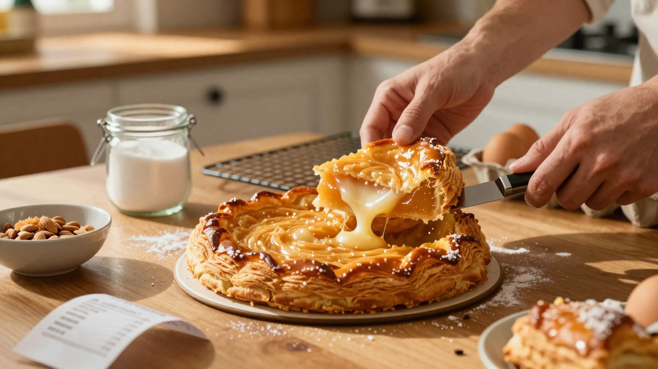 Pessoa a cortar uma tarte quente e cremosa numa cozinha com ingredientes no balcão.