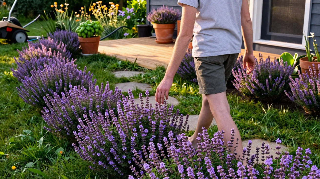 Pessoa a tocar em flores de lavanda num jardim doméstico com plantas em vasos ao fundo.