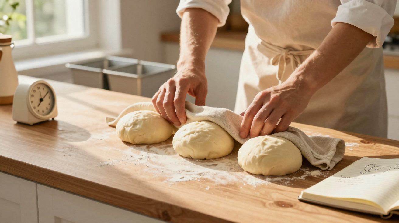 Pessoa a cobrir massa de pão com pano sobre bancada de madeira, com utensílios de cozinha e livro de receitas.