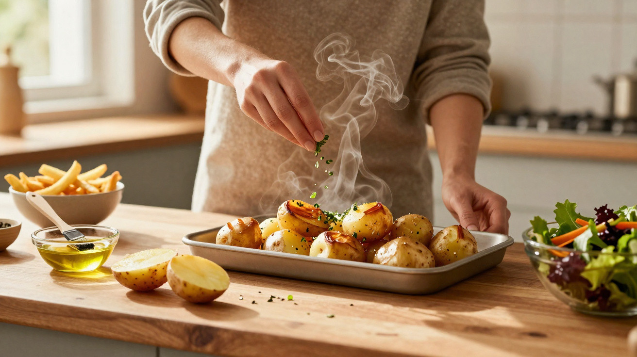 Pessoa a temperar batatas assadas fumegantes numa cozinha com salada, batatas fritas e azeite ao lado.
