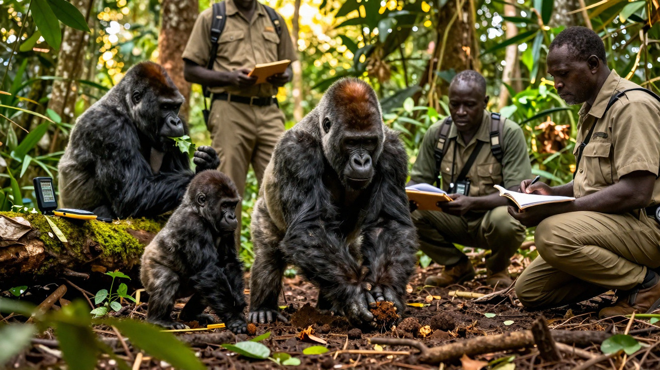 Três gorilas interagem com três homens em uniforme numa floresta densa, enquanto estudam o ambiente natural.