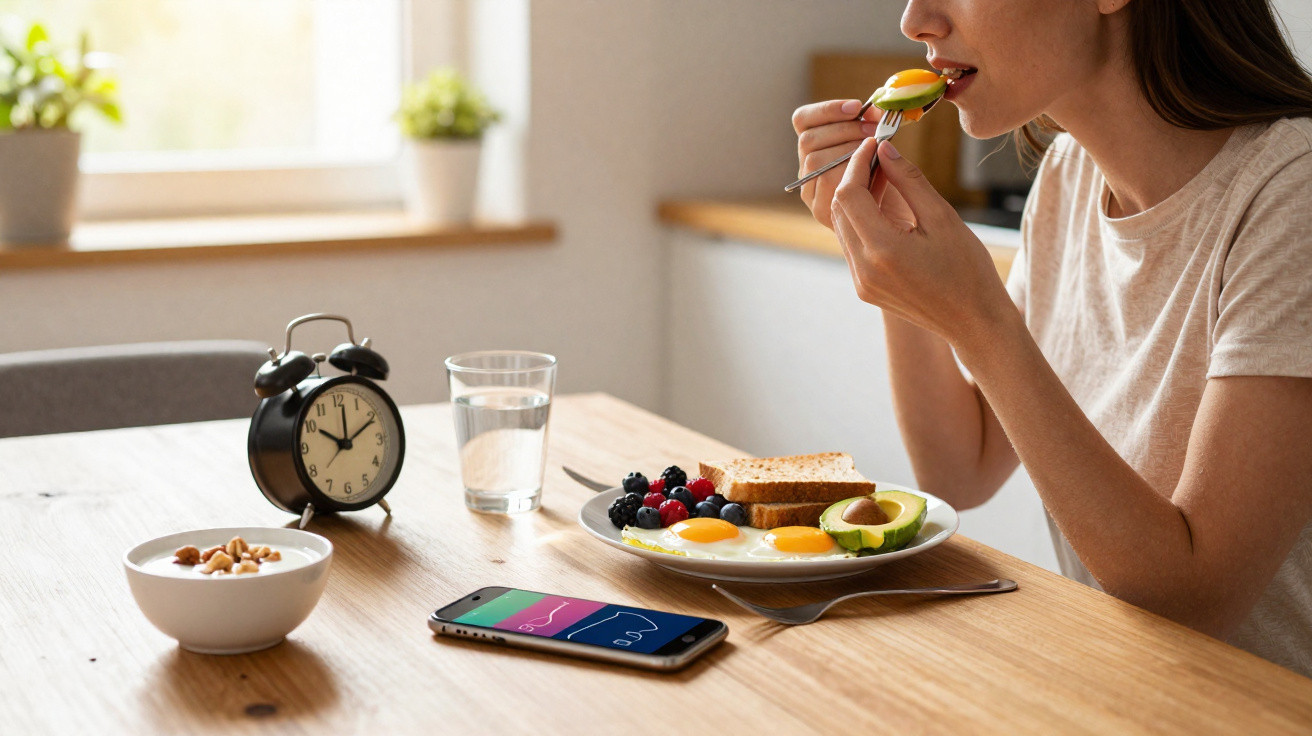 Pessoa a tomar pequeno-almoço com ovos, abacate, fruta, iogurte, água e telemóvel numa cozinha iluminada.