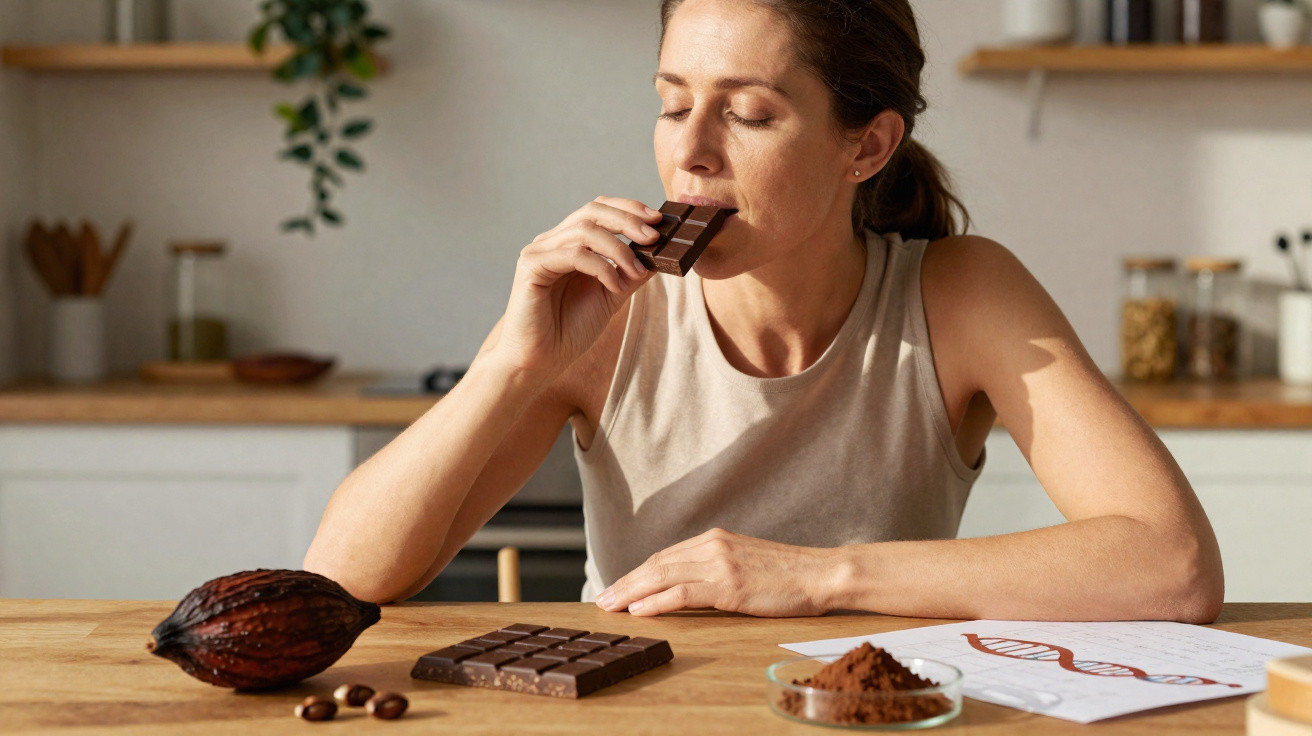 Mulher a saborear pedaço de chocolate à mesa com barra de chocolate, cacau em pó e fava de cacau.