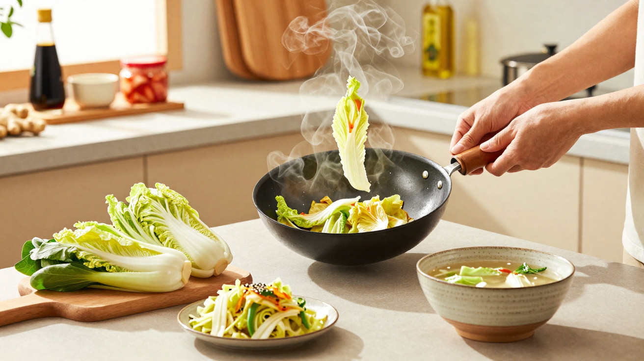 Mãos a cozinhar legumes numa wok fumegante com vegetais frescos e molhos na bancada da cozinha.