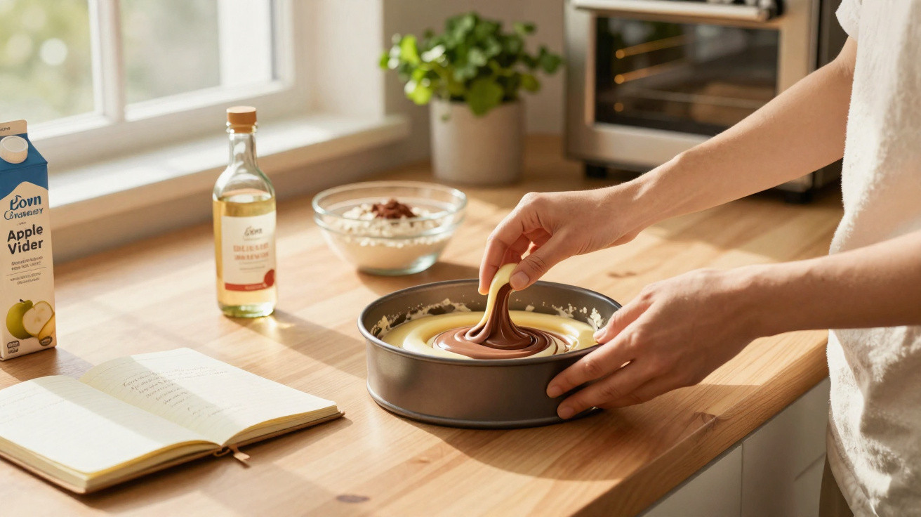 Mãos a decorar uma tarte de chocolate e baunilha numa cozinha com ingredientes e livro de receitas.
