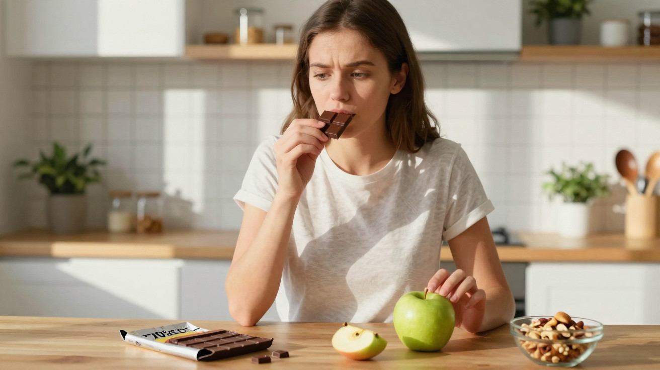 Mulher a comer chocolate e a segurar maçã verde numa cozinha com frutos secos na mesa.