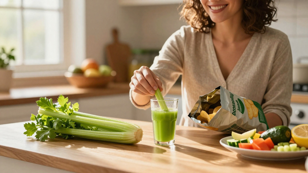 Pessoa a mergulhar aipo em sumo verde com snacks e legumes à mesa numa cozinha iluminada.