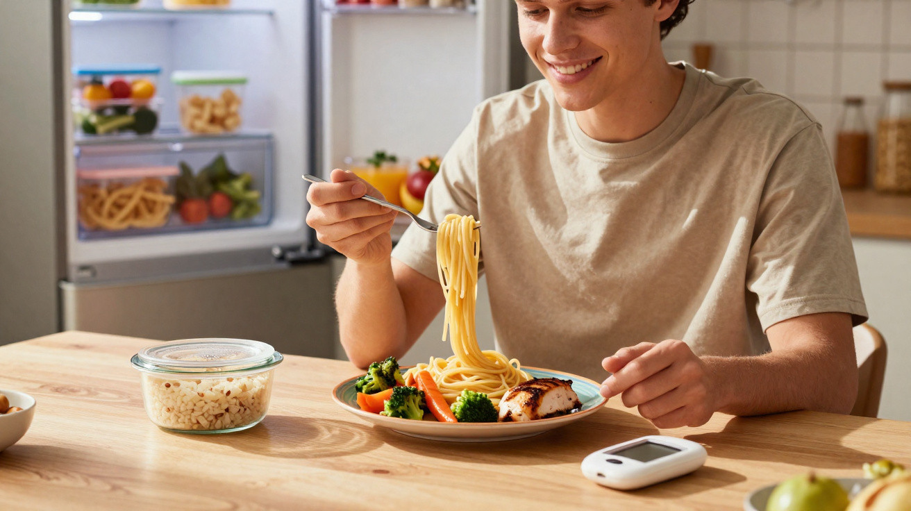 Pessoa sorridente a comer esparguete com legumes e frango à mesa, com frigorífico aberto ao fundo.