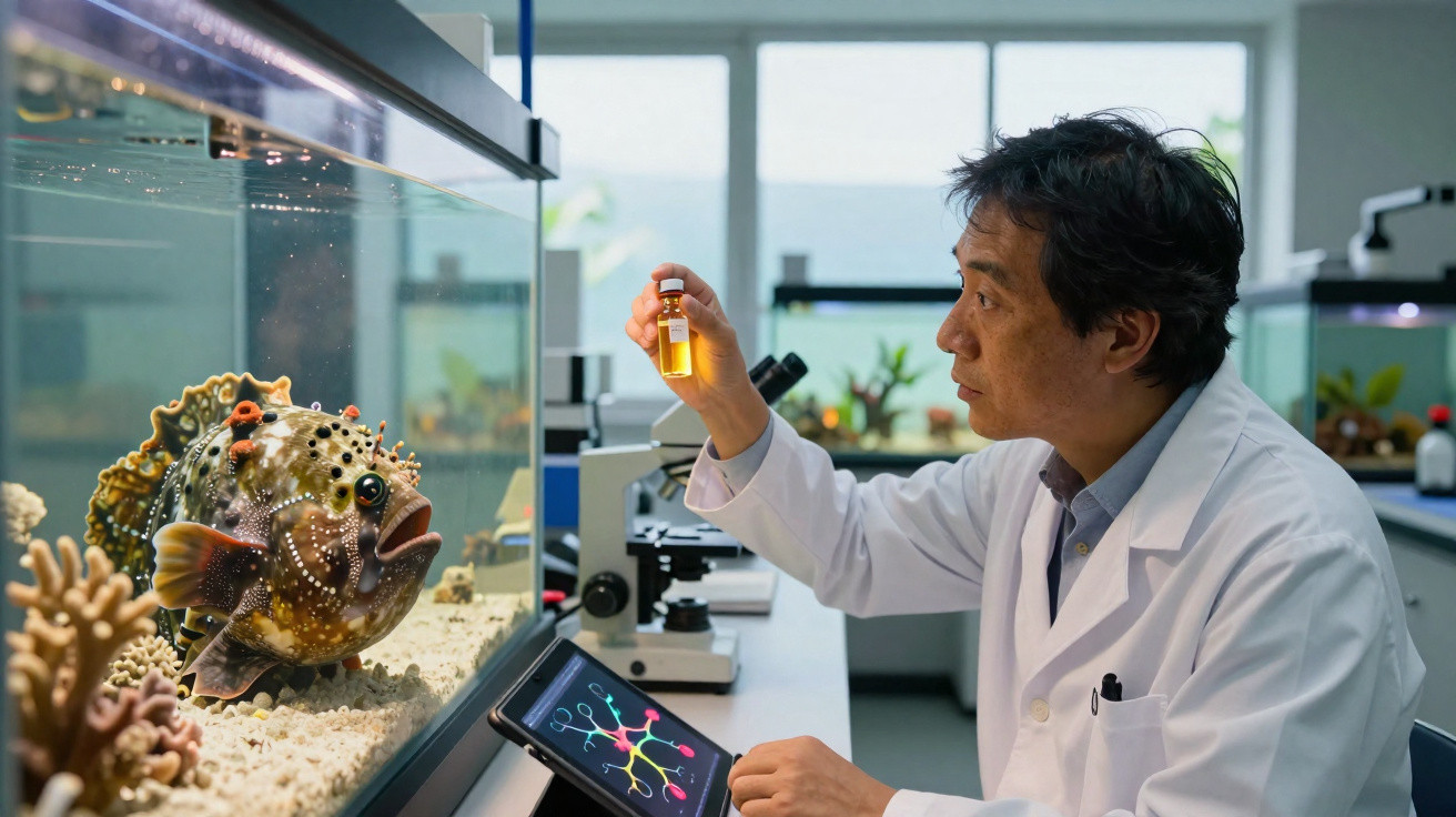 Cientista com bata branca examina frasco iluminado junto a aquário com peixe marinho no laboratório.