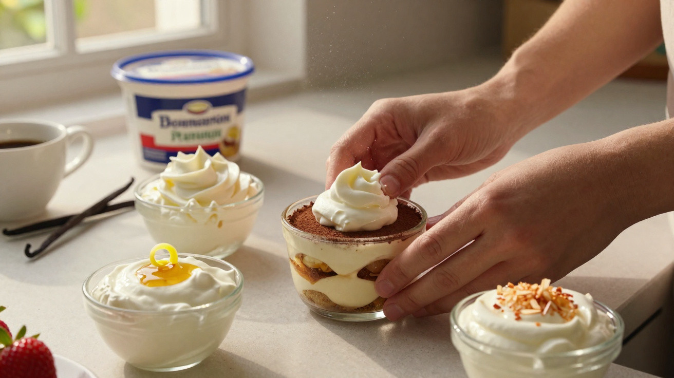 Mãos seguram sobremesa tiramisù junto a taças com natas e ingredientes numa bancada de cozinha clara.
