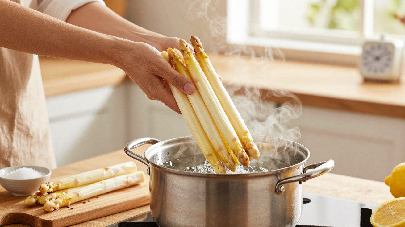 Pessoa a cozinhar espargos brancos numa panela com água a ferver numa cozinha moderna.