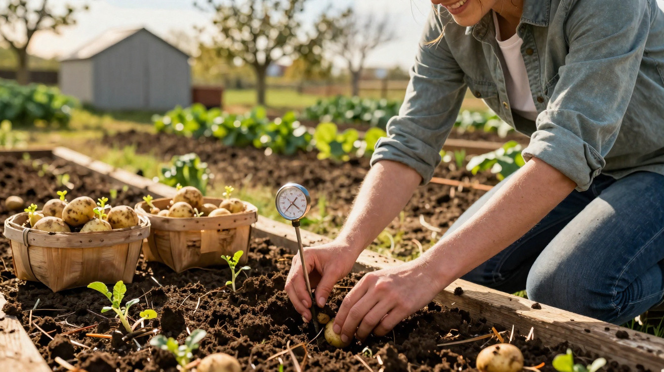 Mulher usando um termómetro para medir a temperatura do solo numa horta com batatas recém-colhidas.