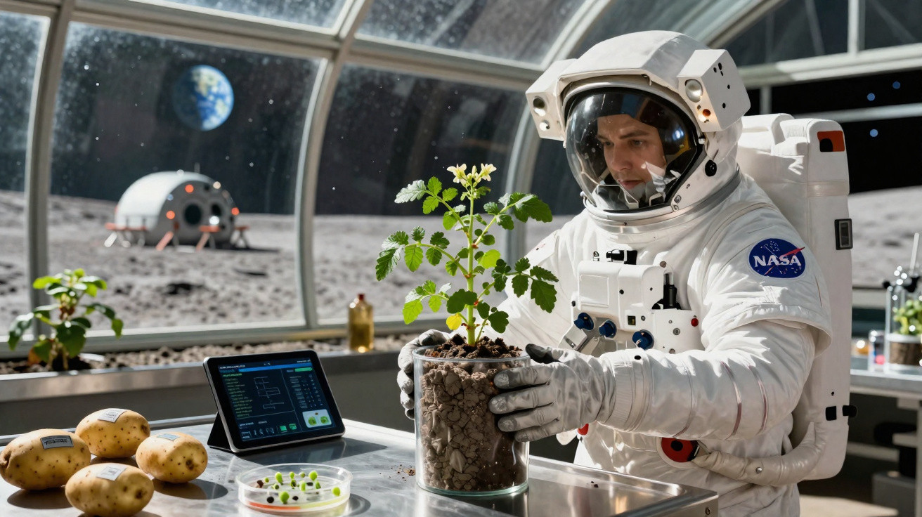 Astronauta em fato espacial cuida de planta numa estufa lunar, com Terra visível através da janela.